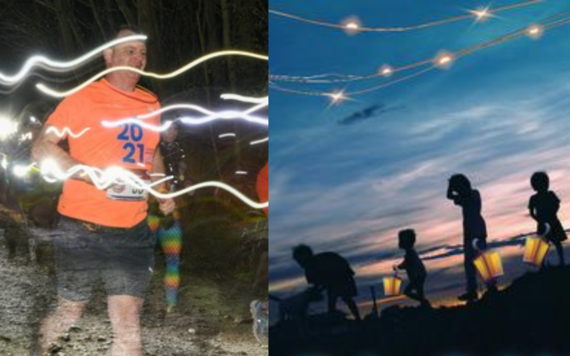 On the left a man running at night at Dinton Pastures, on the right, silhouette or children playing under moonlight