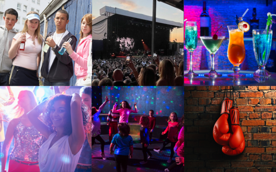 collage of photos showing licensing activities including drinks, boxing, dancing, music