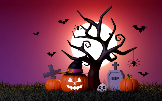 Graphic of a Halloween scene including pumpkins, gravestones. witches hat, bats and a spooky tree