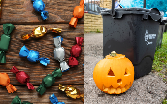 On the left, some sweets in different colours; on the right, a pumpkin sitting next to a food waste bin