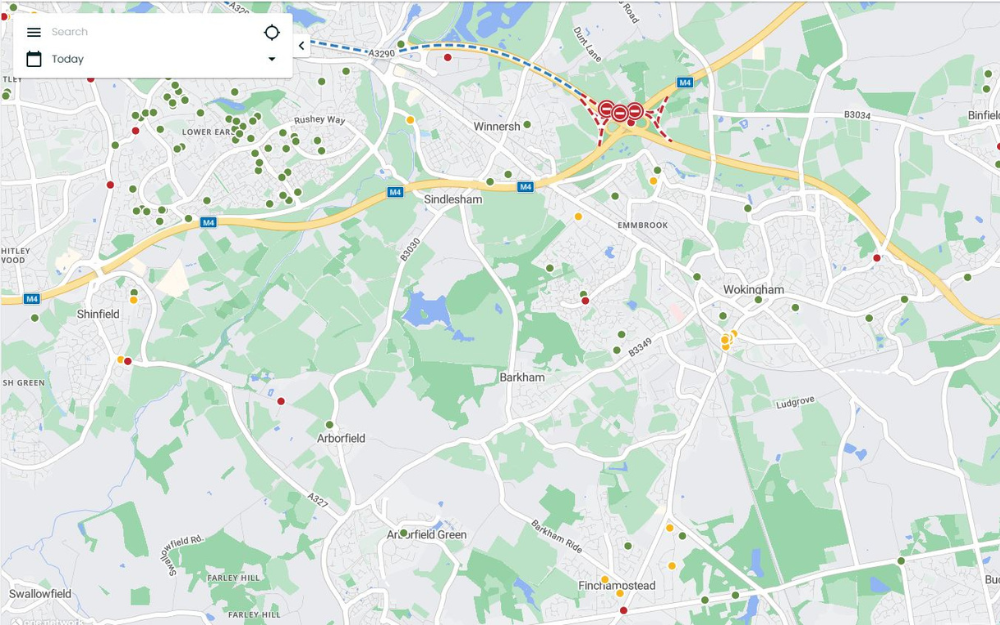 A map of roadwork locations in Wokingham Borough on the one.network app