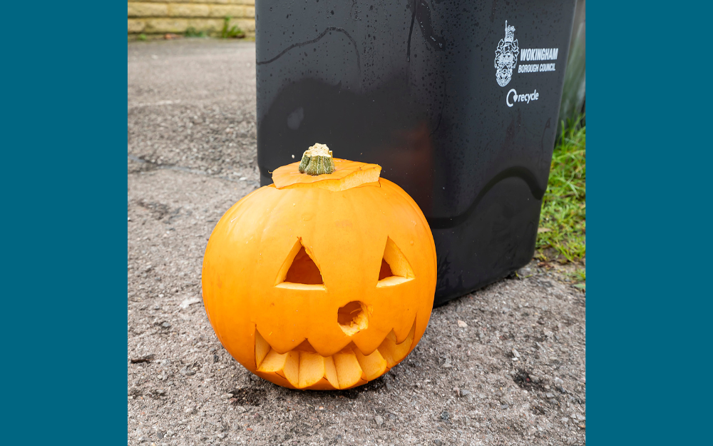 A pumpkin next to a food waste recycling bin