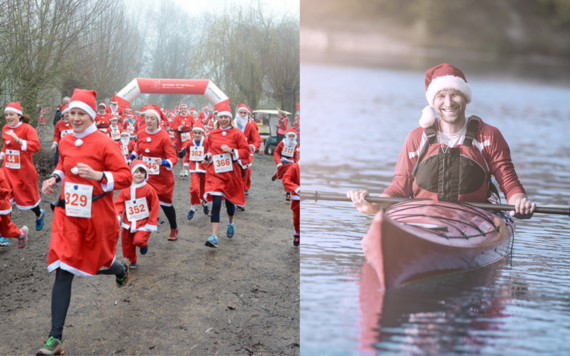 On the left, people dressed in Santa suit running; on the right, a man paddling in his Santa suit