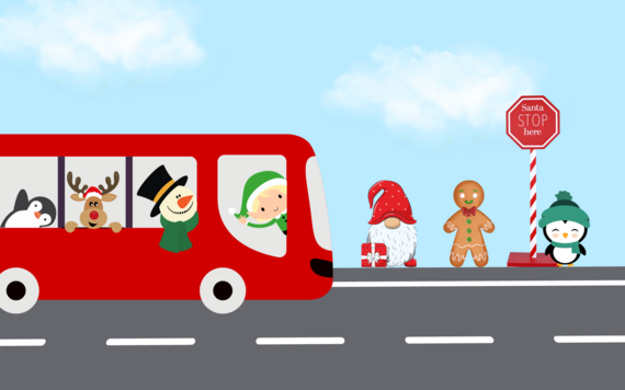 Christmas gnome, penguin and gingerbread man stand by a Santa stop here sign, a bus is approaching with a penguin, snowman, elf and reindeer on board