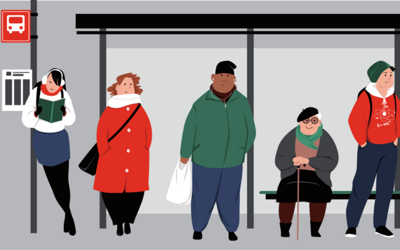 Graphic of five people wrapped up warm waiting for a bus