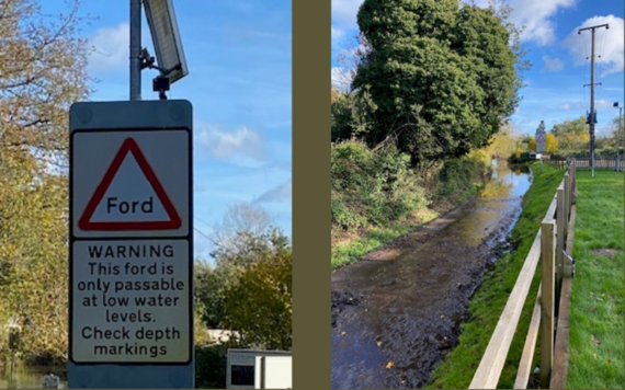 A close up of the flood warning sign and a shot from further back showing the water