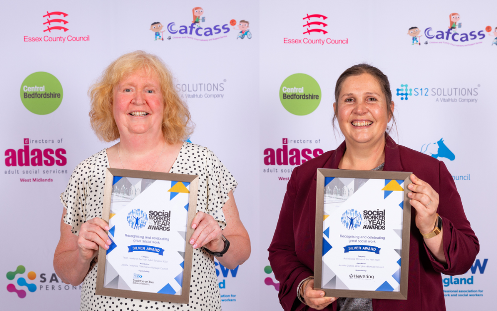 Social workers Jen Daines and Jan Ledbrook with their silver honours awards at Social Worker of the YEar awards