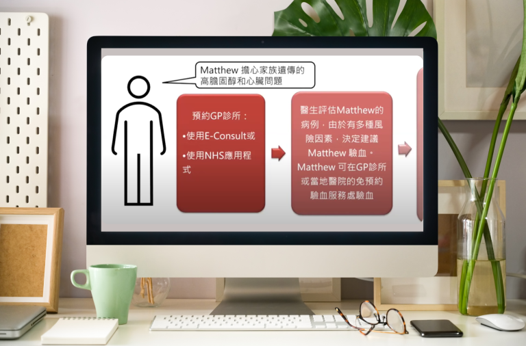 Computer screen on a desk showing the health webinar for new residents for Hong Kong