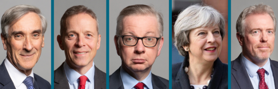 Headshots of MPs John Redwood, Matt Rodda, Michael Gove, Theresa May and James Sunderland