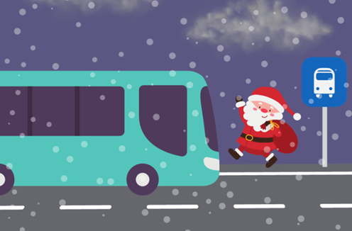 cartoon of santa next to a bus