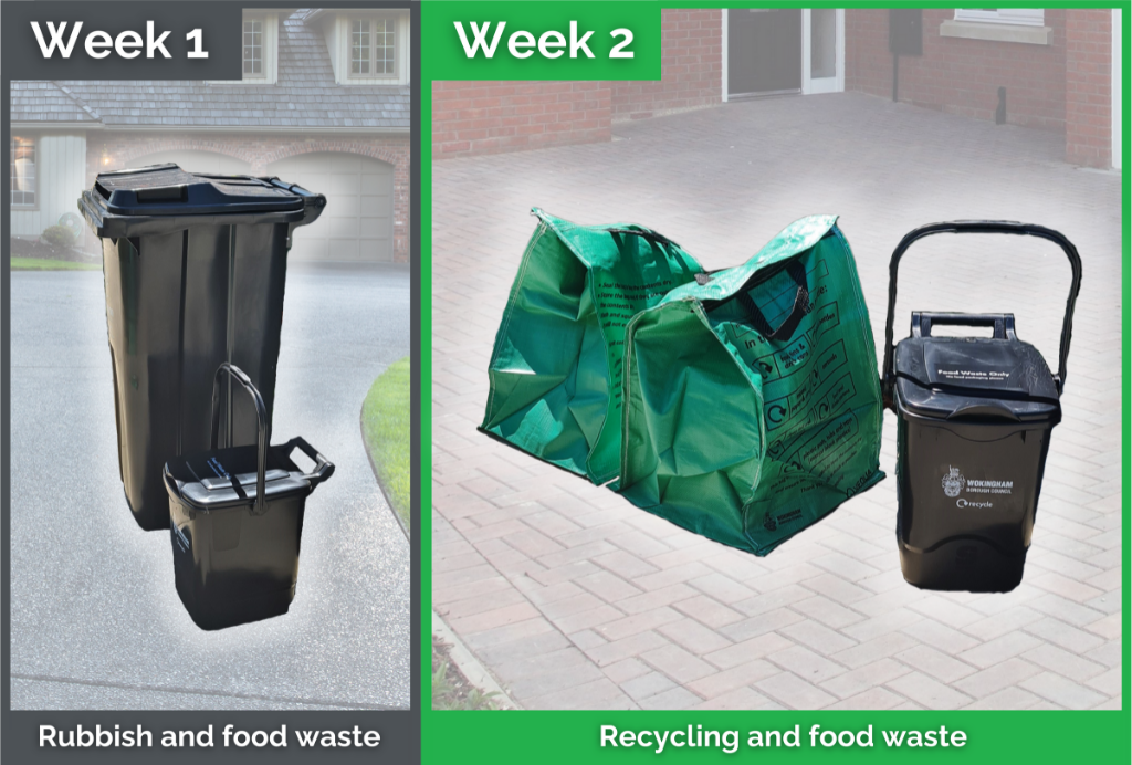 A black wheeled rubbish bin and smaller black food bin (week 1) and unlimited green recycling bags with a black food bin (week 2)