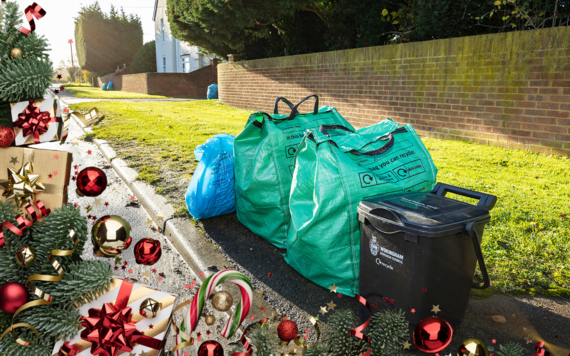 A food waste bin, two recycling bag and a general rubbish bag at the kerbside