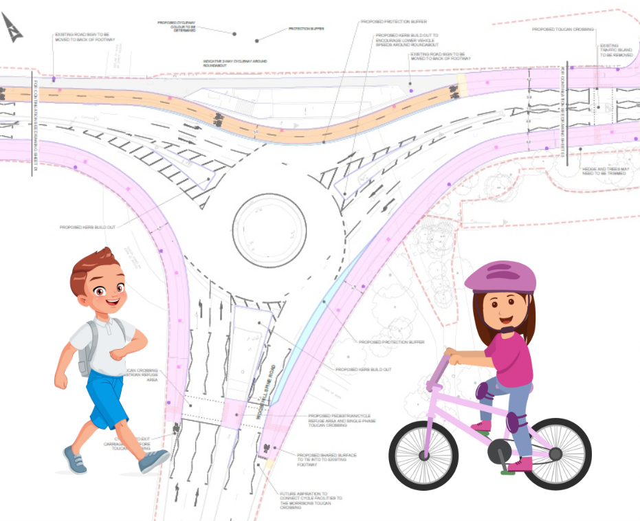 Detailed designs for new cycleways in Wokingham with graphic figures on bikes and walking around it