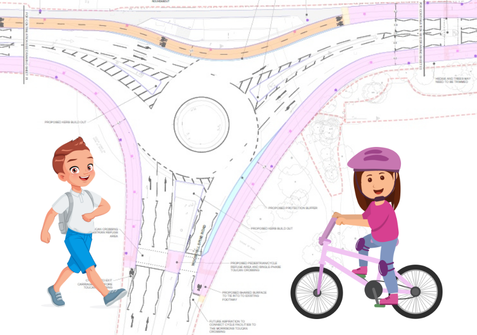 graphics of smiling children walking and on bikes over a technical diagram of the proposed roundabout improvements