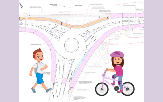 Detailed drawing showing proposed changes alongside a graphic of a child walking and a child cycling