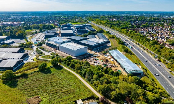 Aerial view of Shinfield Studios in autumn 2023, with many large sound stage buildings now fully built