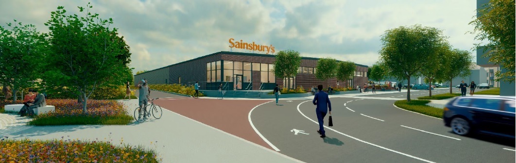 computer generated view of the new Sainsbury's store with cycle and walking access clearly visible in foreground