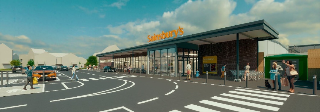 Computer generated view of the main entrance to the proposed Sainsbury's store with zebra crossing in foreground