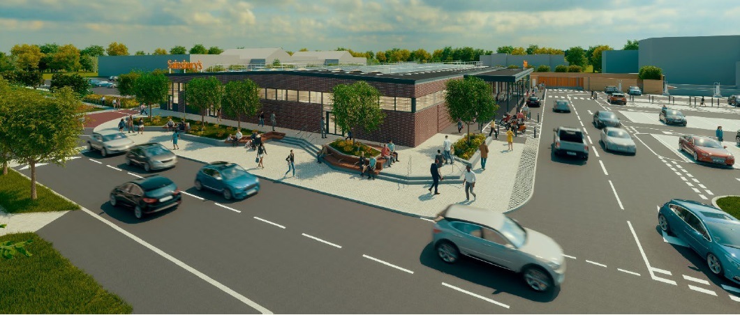 computer generated aerial view of the proposed new Sainsbury's store and car park