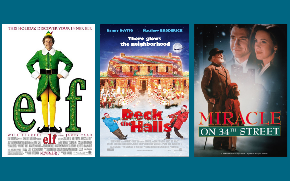 Film posters for the Christmas films Elf, Deck the Halls and Miracle on 34th street