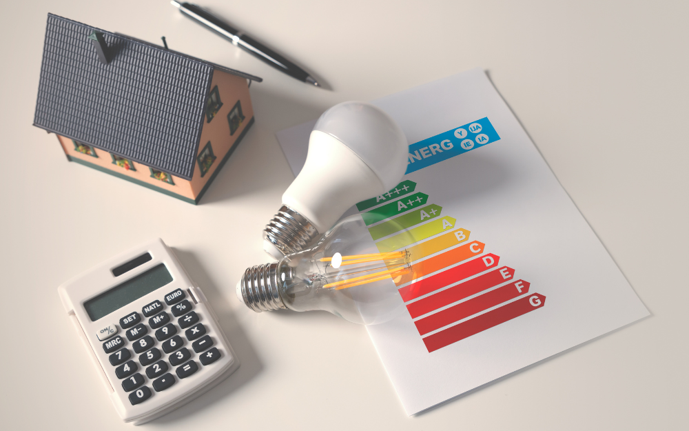 Energy rating certificate, a model of a house, a lightbulb and a calculator on a table