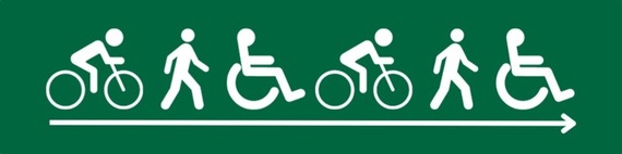graphic showing stick figures walking and cycling with a long arrow pointing to the right beneath them