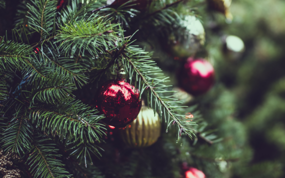 A close-up of a bauble on a Christmas tree