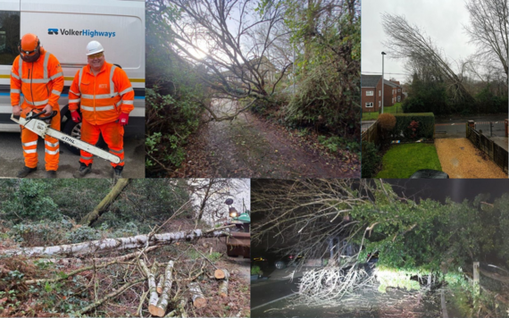 Five photos with four showing trees down in locations across the borough and one showing Volkers workers with chain saws wearing protective clothing