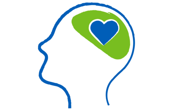 A blue sketched outline of a head, with a green oval inside to represent a brain, containing a blue heart