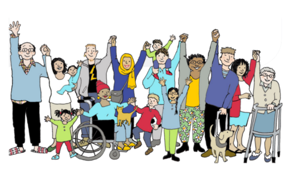 Social Care Future cartoon showing a group of different people 