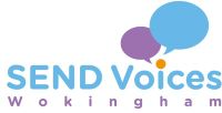 The logo for SEND Voices Wokingham, which shows a purple and blue speech bubble
