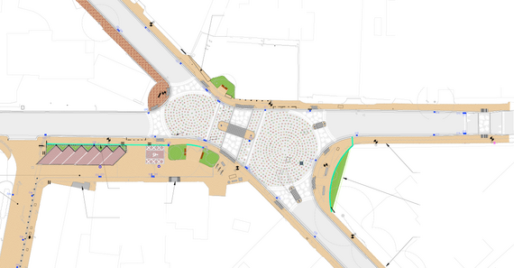 Overhead view of California Cross junction works, showing new crossings and a leaf design on the roundabouts