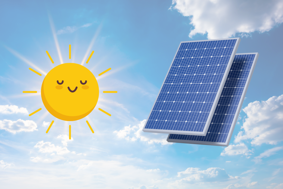 graphic of a gently smiling sun against a backdrop of clouds and two solar panels