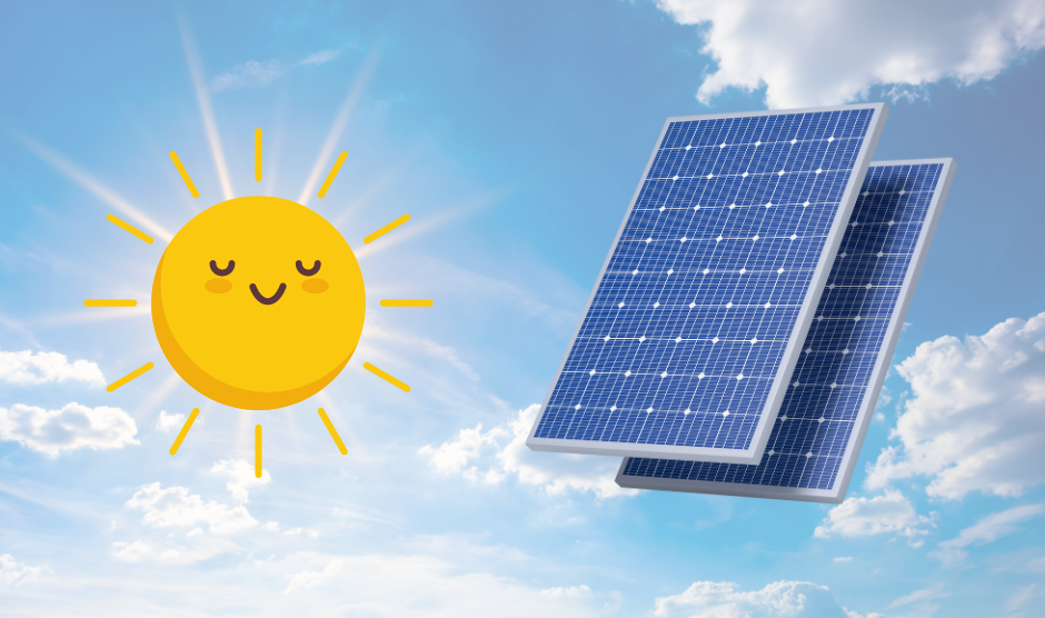 graphic of a gently smiling sun against a sunny sky with two solar panels next to it