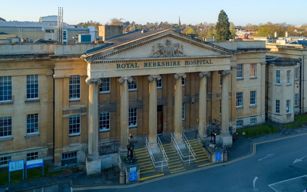 An aerial view of the main entrance to the Royal Berkshire Hospital in Reading