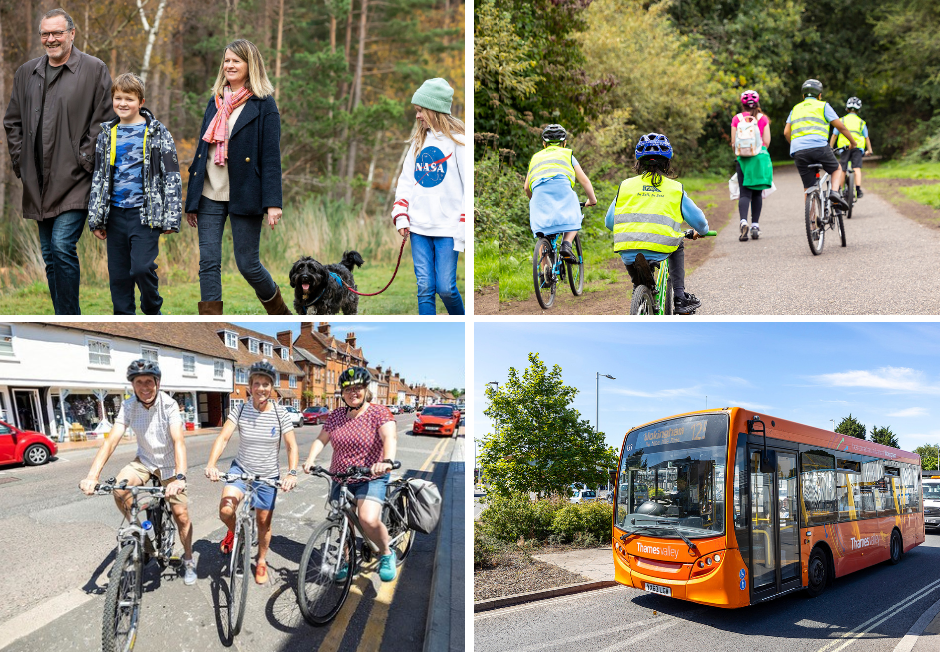 A collage of four photos showing people walking, cycling and taking the bus in the borough, all on sunny days