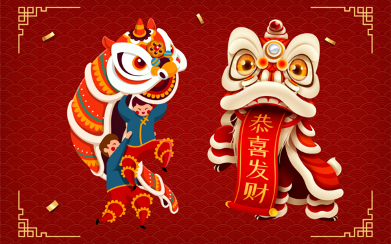 Graphic of a chinese lion and dragon
