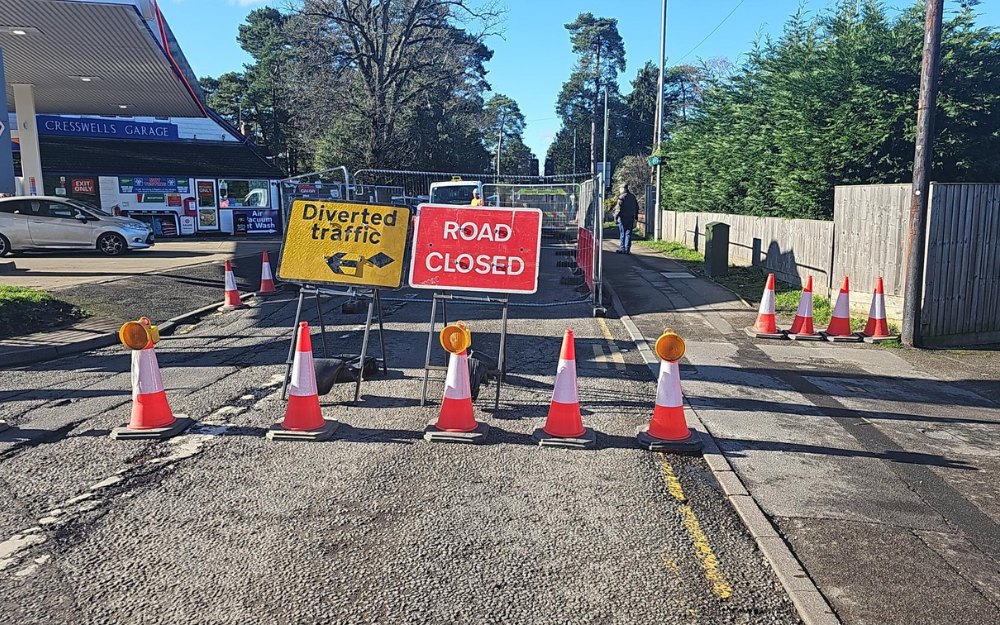 Road closed signs and diversion signs at California Cross in Finchampstead