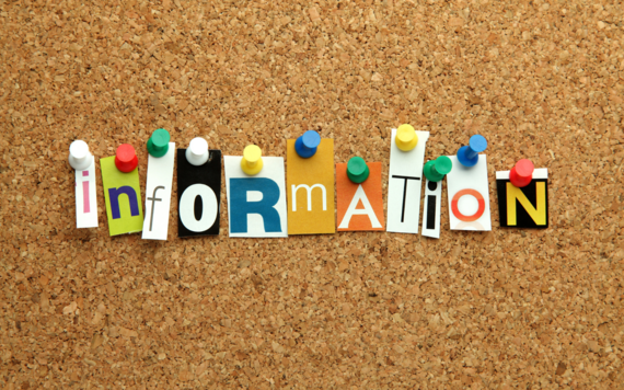 The word 'information' is pinned up on a cork board