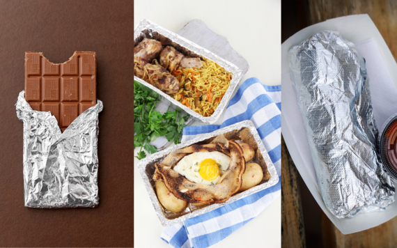 From left images of a bar of chocolate wrapped in foil, two foil food trays and a roll wrapped in food foil 