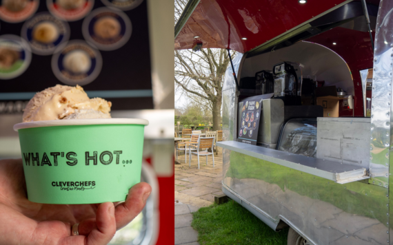 On the left, a close up of a cup of ice cream; on the right, a side view of The Coffee Pod