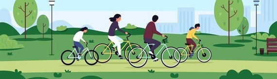 A graphic of people on bicycles riding through a scenic park along a pathway