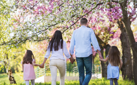 A family of four walking hand in hand in the outdoor, with magnolia blooming in the background