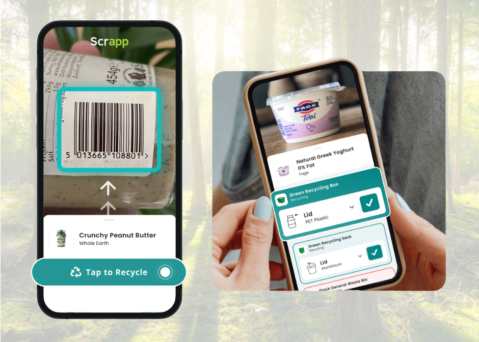 close up of someone scanning a barcode into their phone and using the Scrapp app to learn how they can recycle it
