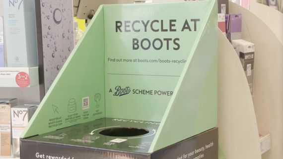 close-up shot of a specialist health and beauty recycling bin at a branch of Boots