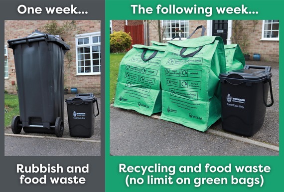 graphic showing the alternating weekly rubbish and recycling collections with food waste staying weekly