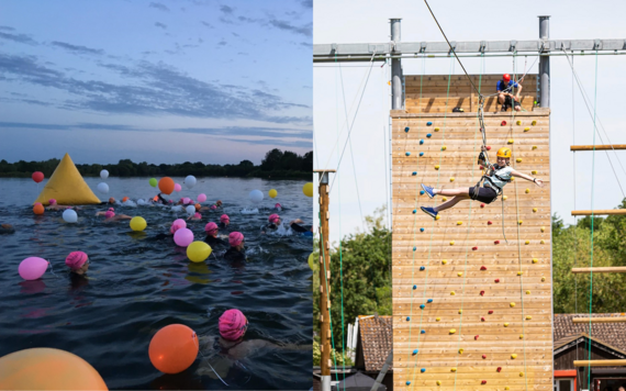 On the left, people swimming in the lake at Dinton; on the right, a teenager playing zipwire