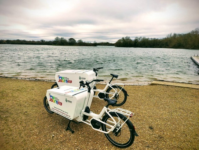 Two electric cargo bikes at Dinton Pastures Country Park