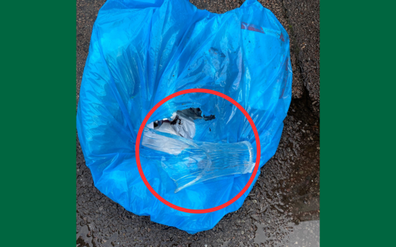 A broken glass bottle on a blue bin bag