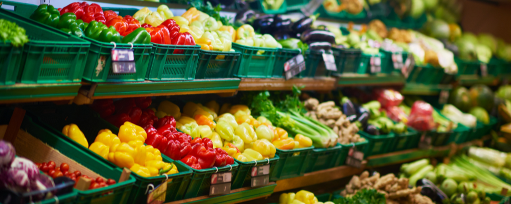 Fresh fruit and vegetables on a supermarket shelf